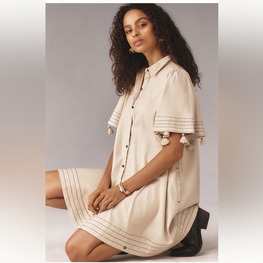 Maeve Collared Linen Button-Front Tassel
Mini Dress sz S